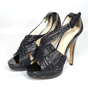 Black Leather Strappy Stiletto Platform Heels Sz 7 Isola Patent Textured